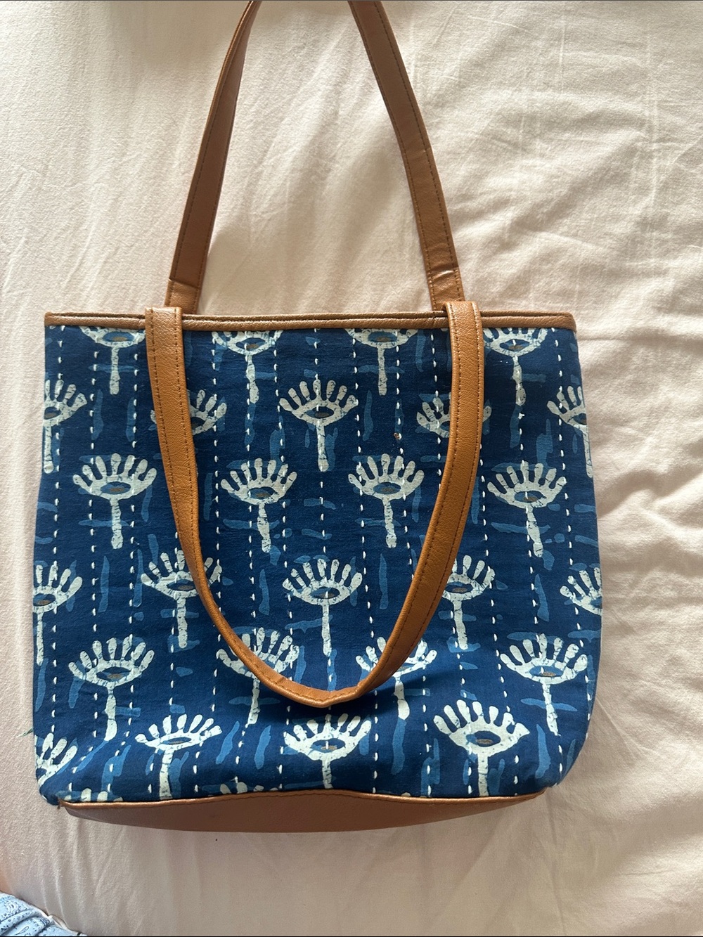 Blue Floral Print Canvas Tote with Tan Handles
